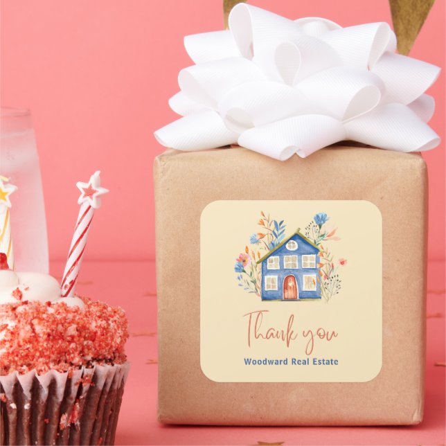 Sticker Carré Merci immobilier | Fleurs de maisons aquarelles (Fête)