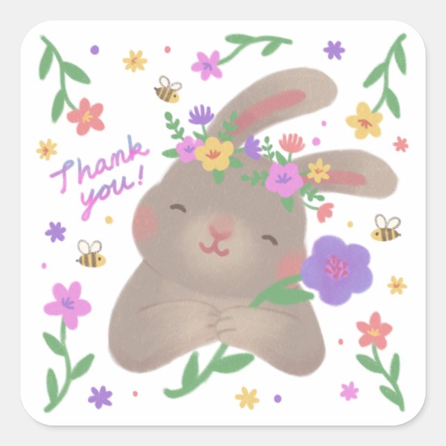 Sticker Carré Merci : Lapin avec des fleurs (Devant)