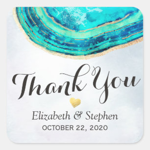 Sticker Carré Merci mariage Aquarelle Turquoise Gold Agate Géode