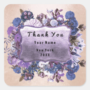 Sticker Carré Merci Mariage Cadre Rose Floral Frame violet