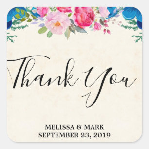 Sticker Carré Merci Mariage de frontière rose et bleu