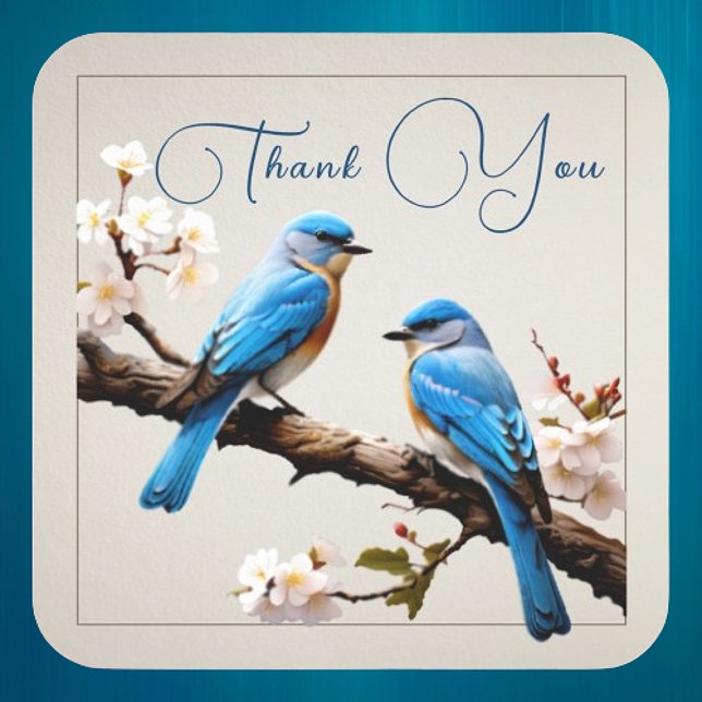 Sticker Carré Merci Mariage des oiseaux bleus du printemps (Spring Bluebirds Wedding Thank you Sticker)