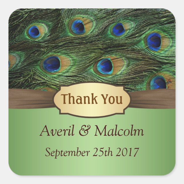 Sticker Carré Merci Mariage des plumes de Peacock (Devant)