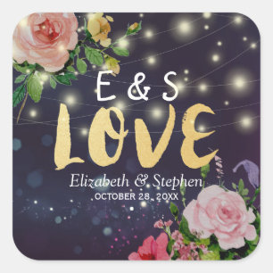 Sticker Carré Merci mariage Favor Chic Floral Purple Lumières