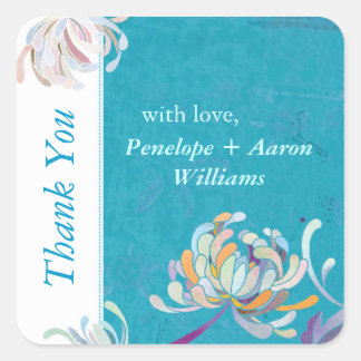 Sticker Carré Merci Mariage floral turquoise