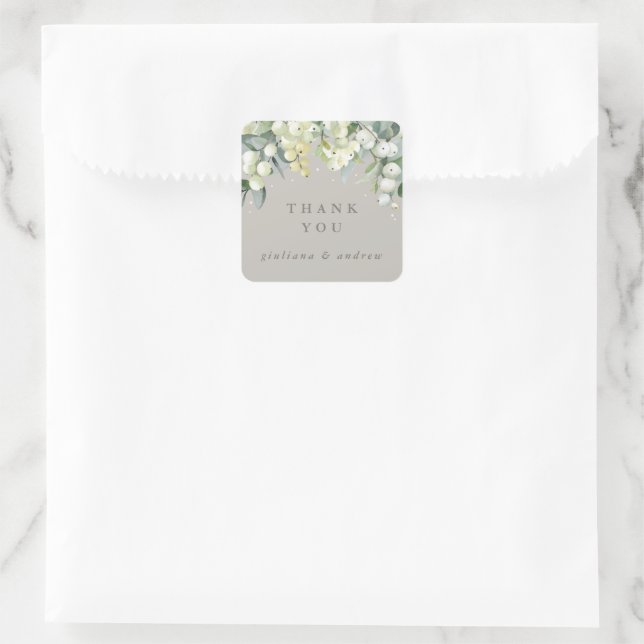 Sticker Carré Merci Mariage Greige Snowberry+Eucalyptus (Sac)