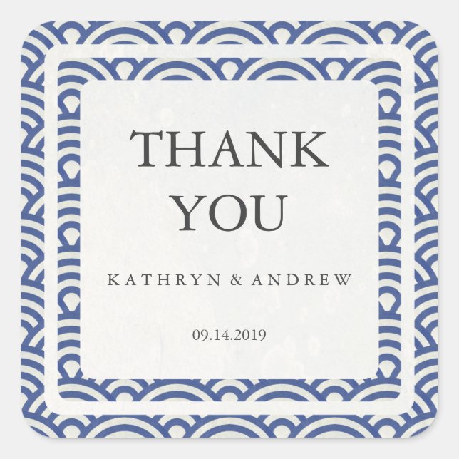 Sticker Carré Merci Mariage japonais Seigaiha/texte personnalisé (Devant)
