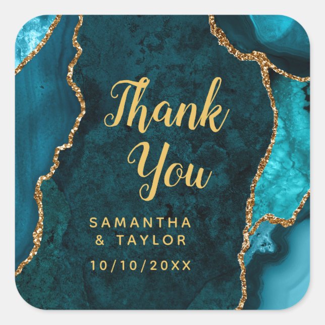 Sticker Carré Merci Mariage turquoise Blue et Gold Agate (Devant)