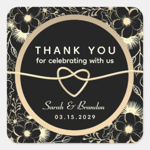 Sticker Carré Merci Mariage vintage Black White Gold