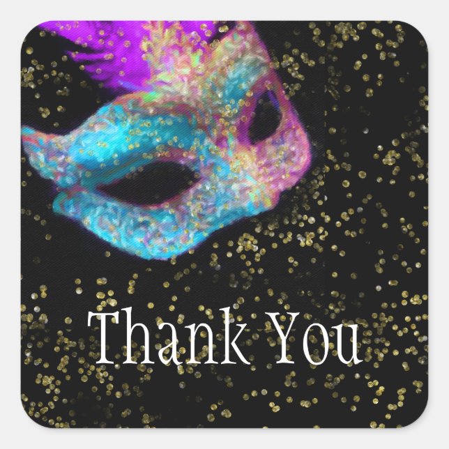 Sticker Carré Merci Mascaré noir rose bleu (Devant)