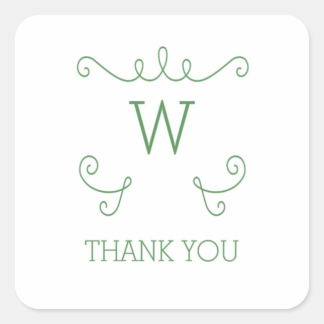 Sticker Carré Merci Monogramme vert Whimsical Flourissant (Devant)