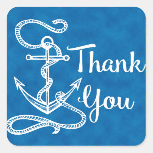 Sticker Carré Merci Nautilique Ancre de Bateau Aquarelle Bleu