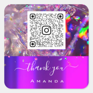 Sticker Carré Merci Nom 16e Holographe Violet Arc-en-ciel QR