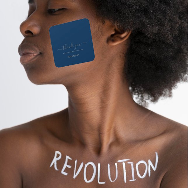 Sticker Carré Merci Nom Blue Navy MinimalIsm Boutique Shop (Thank Name Blue Navy MinimalIsm Boutique Shop Square Sticker)