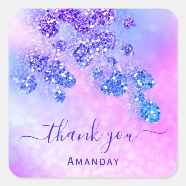 Sticker Carré Merci Nom Holographe Pink Bride Royal Blue Cobalt (Devant)