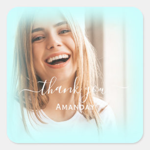 Sticker Carré Merci Nom Photo BLEU PASTEL Mariage Sweet16