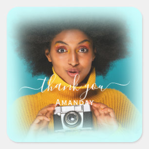 Sticker Carré Merci Nom Photo BLUE FRAME Mariage Sweet16
