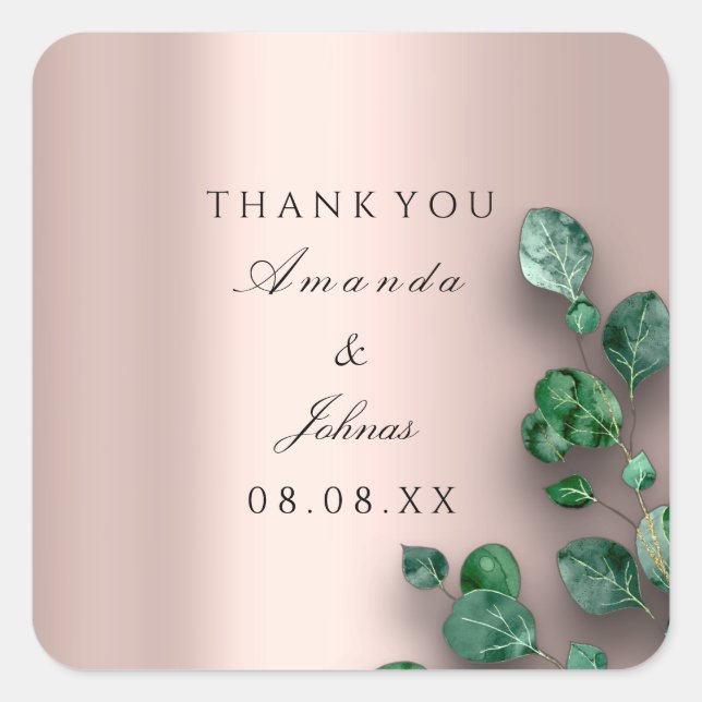 Sticker Carré Merci Nom Rose Blush Eucalyptus Mariage vert (Devant)