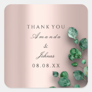 Sticker Carré Merci Nom Rose Blush Eucalyptus Mariage vert