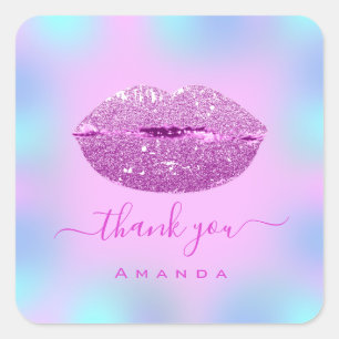 Sticker Carré Merci Nom Sweet16th Pastel Holographe  Lèvres Rose