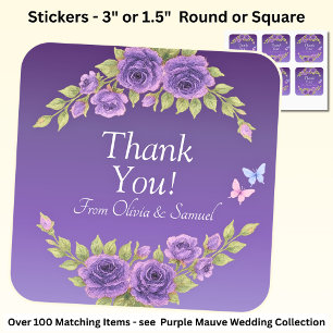Sticker Carré Merci ! Noms de la mariée et du marié Fleurs Mauve