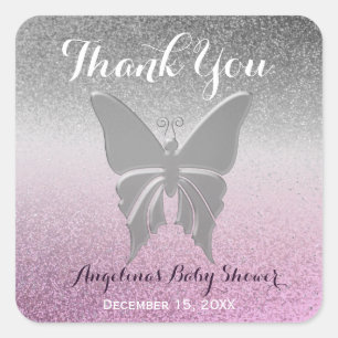 Sticker Carré Merci Papillon Étincelle Rose Baby Shower