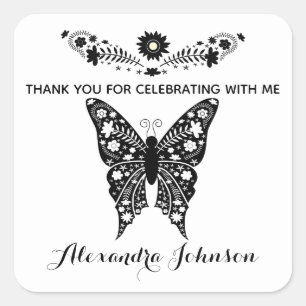 Sticker Carré Merci, Papillon Noir et Blanc Fille Anniversaire