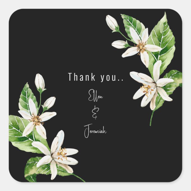 Sticker Carré Merci personnalisé de Mariage noir floral blanc (Devant)