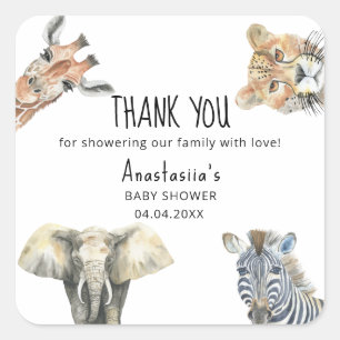 Sticker Carré Merci pour la Baby Shower d'Animaux de Safari