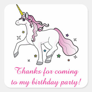 Sticker Carré Merci pour la fête d'anniversaire avec Unicorn