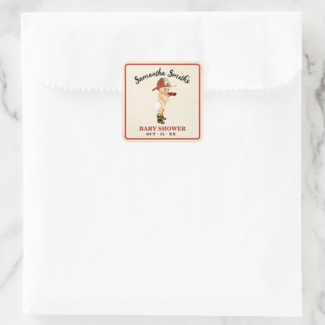 Sticker Carré Merci pour le Baby shower de pompier bébé à venir (Sac)
