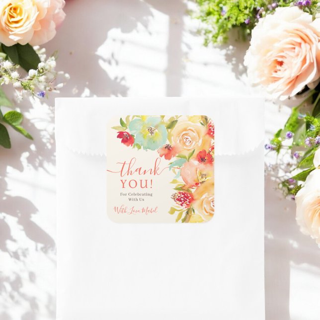 Sticker Carré Merci pour le boho floral aquarelle pour la baby s (Boho Fall floral watercolor bridal shower thanks Square Sticker)