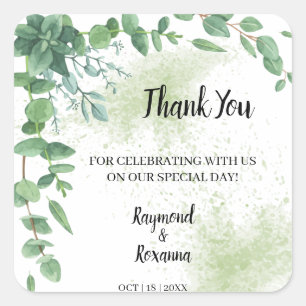 Sticker Carré Merci pour le mariage prochain Eucalyptus Favor