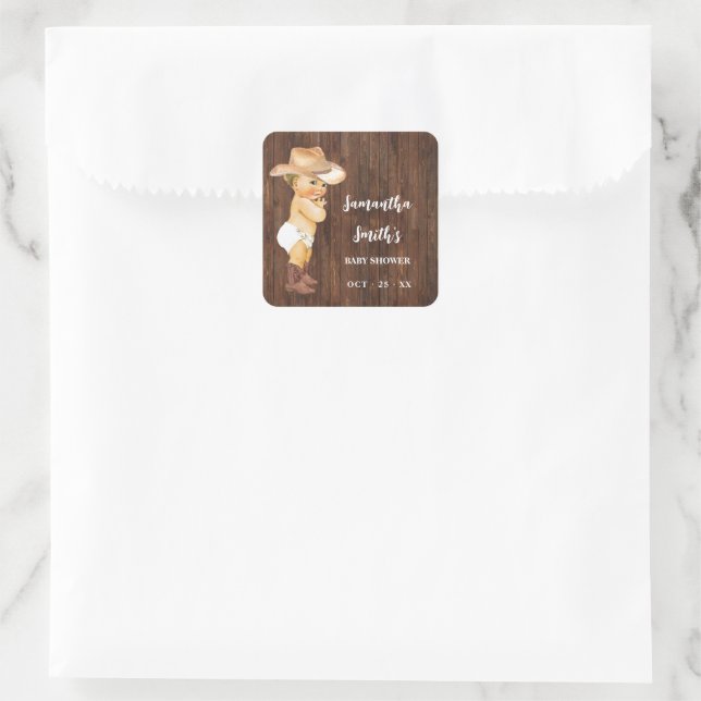 Sticker Carré Merci pour le prochain Baby shower occidental Cowb (Sac)