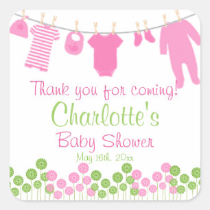 Sticker Carré Merci pour venir ! Baby shower rose de corde à 