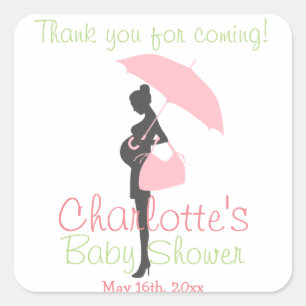 Sticker Carré Merci pour venir ! Baby shower rose de silhouette