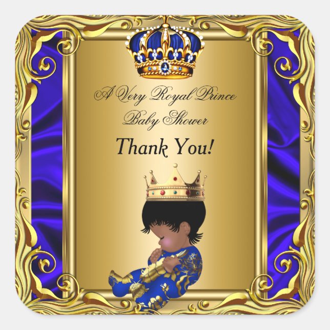 Sticker Carré Merci Prince Royal Bleu Baby Shower Régale Or (Devant)