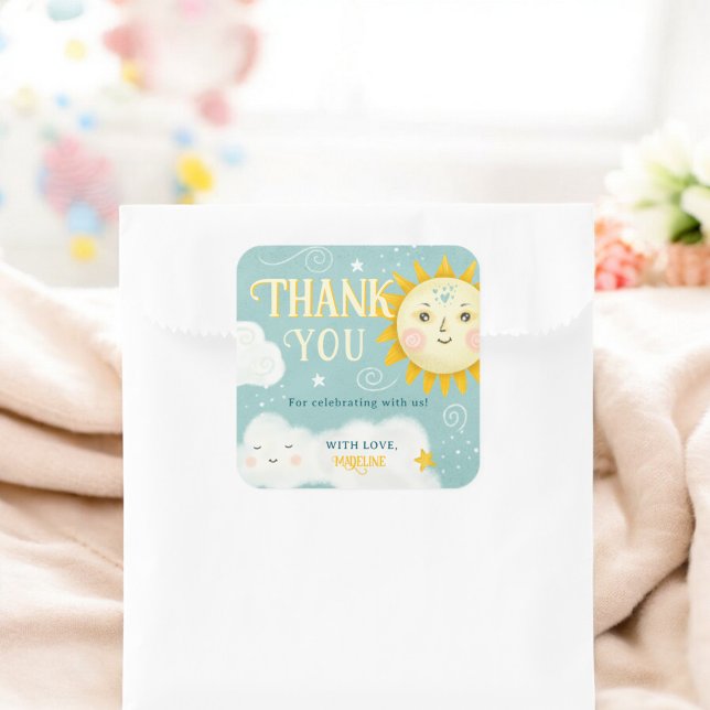 Sticker Carré Merci rétro baby shower soleil et nuages (Retro Thank you Sun and Clouds baby shower Square Sticker)
