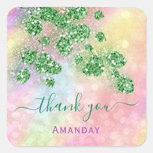 Sticker Carré Merci rose Holographique maquillage vert floral