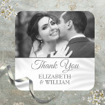 Sticker Carré Merci Script Mariage Photo Silver Faveur<br><div class="desc">Un élégant sticker chic pour vous remercier de personnaliser avec votre photo mariage préférée et vos noms dans la typographie argentée chic. Conçu par Thisisnotme©</div>