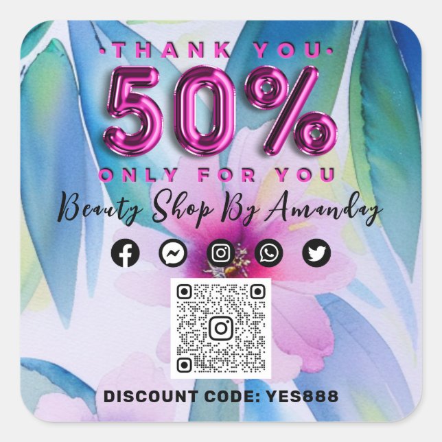 Sticker Carré Merci Shopping 50%Off QR CODE Floral Tropical Rose (Devant)