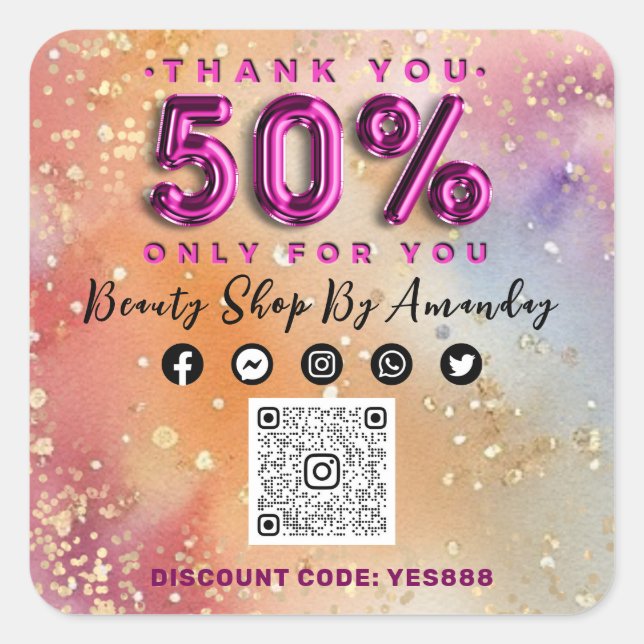 Sticker Carré Merci Shopping 50%Off QR CODE Logo Abstrait rose (Devant)