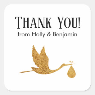 Sticker Carré Merci simple Faux Gold Stork ! Baby shower