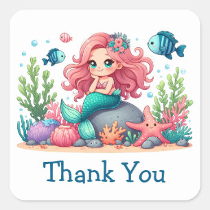 Sticker Carré Merci Sirène et Poisson Mignons et Fantaisistes