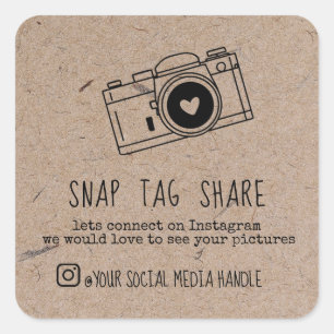 Sticker Carré Merci Snap Tag Share Social Media Kraft Papier