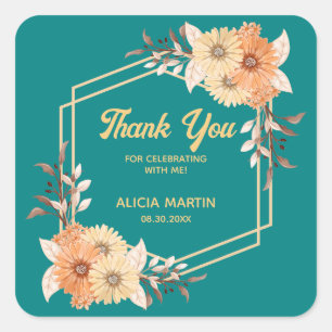 Sticker Carré Merci Turquoise d'or à fleurs orange automne