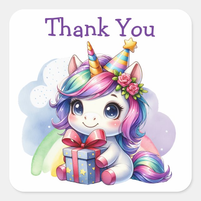 Sticker Carré Merci | Unicorne d'anniversaire de la fille (Devant)