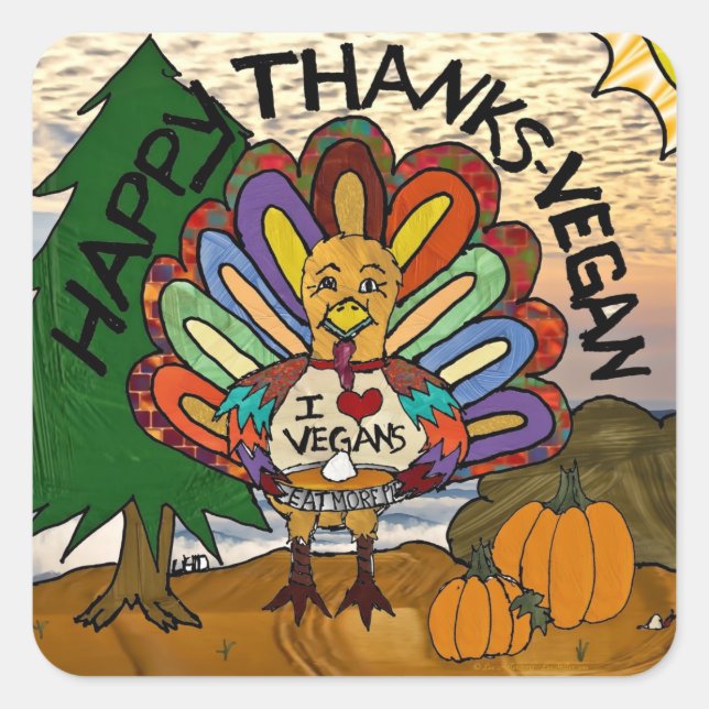 Sticker Carré Merci Vegan Thanksgiving Turquie (Devant)