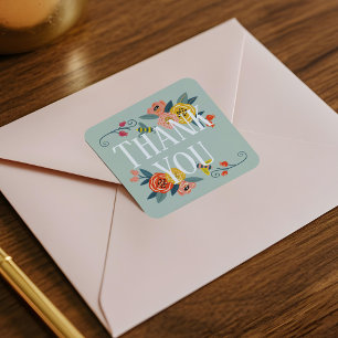 Sticker Carré Merci   Vibrant Fleurs sauvages floraux et abeille