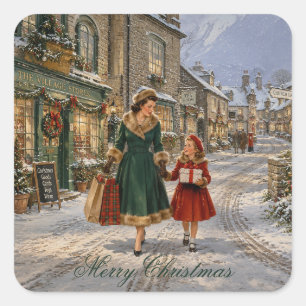 Sticker Carré Mère achète Noël dans un village anglais des année